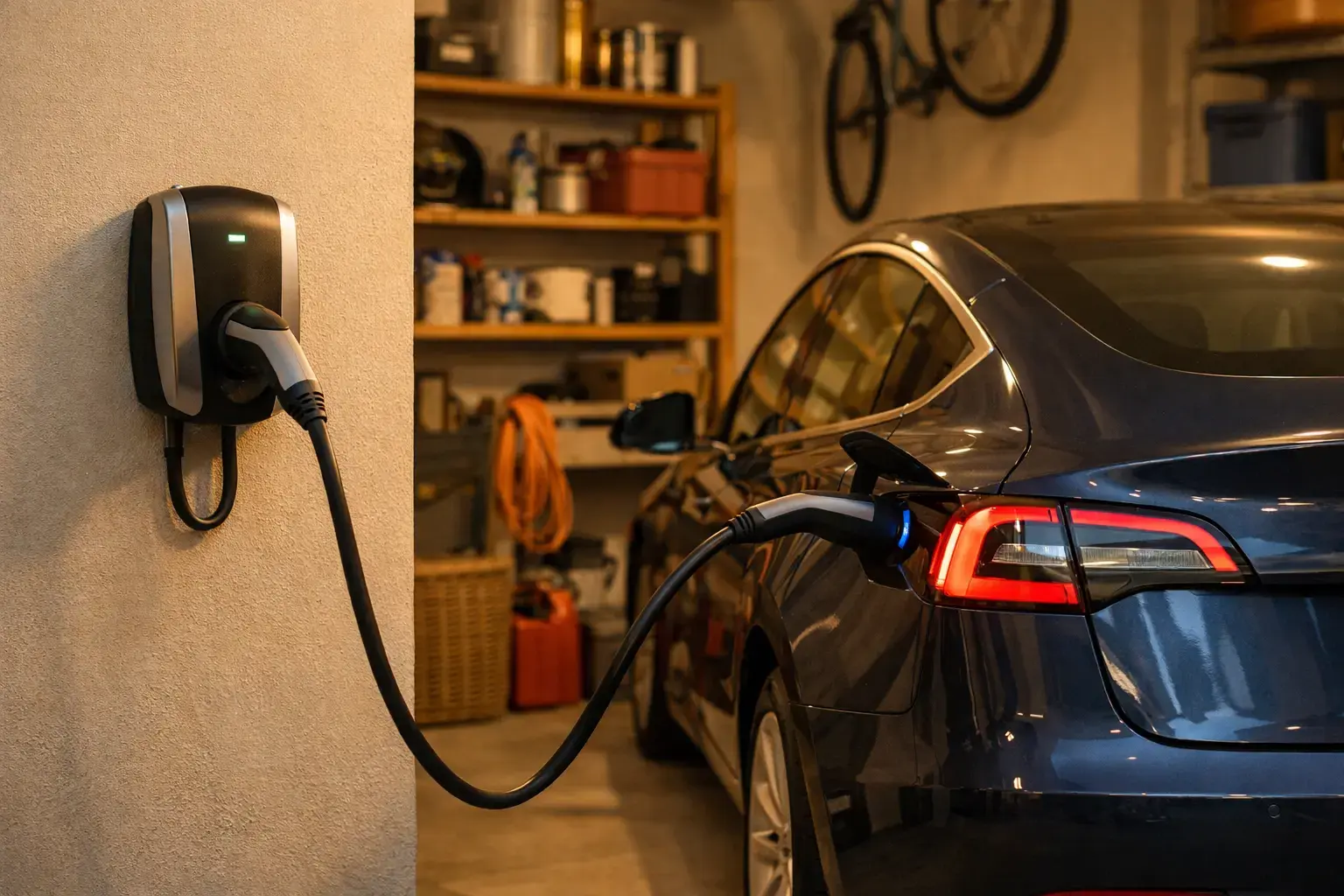 Borne de recharge installée dans un garage résidentiel